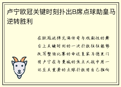 卢宁欧冠关键时刻扑出B席点球助皇马逆转胜利