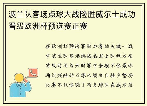 波兰队客场点球大战险胜威尔士成功晋级欧洲杯预选赛正赛